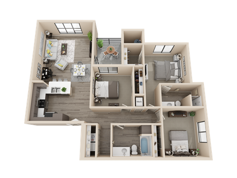 3 bedroom 2 bathroom 1380 sq ft floor plan image at V on Broadway